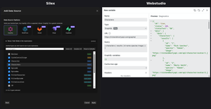 Silex data source dialog next to Webstudio's GraphQL resource editor